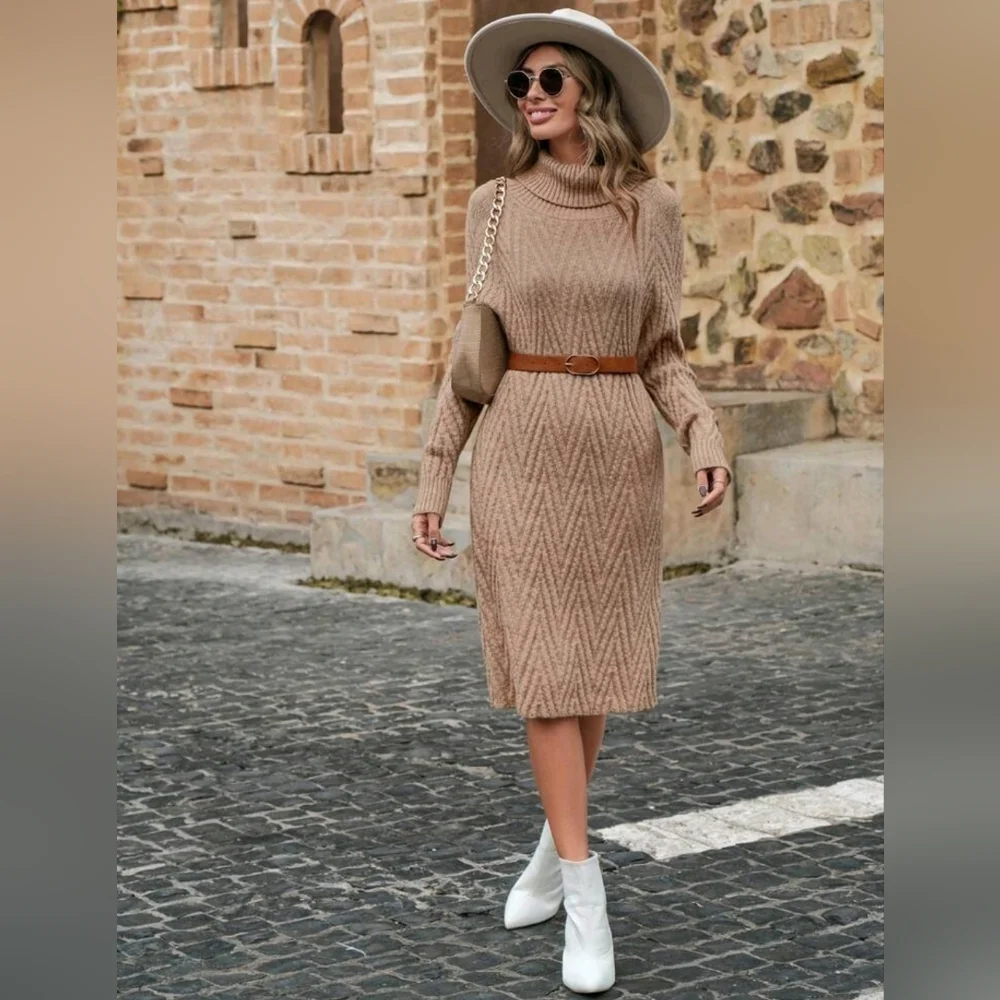 New Boho Chevron Knit Turtleneck Sweater Dress Camel Tan Beige - Picture 2 of 7